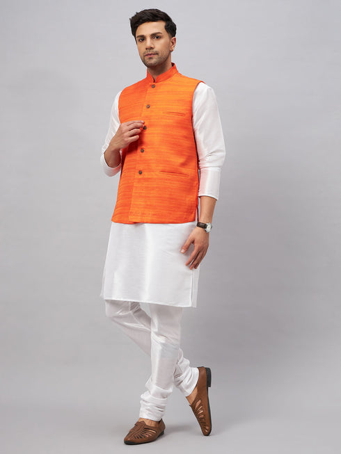 Vastramay Men's Orange Matka Silk Nehru Jacket With White Silk Blend Kurta Pyjama Set